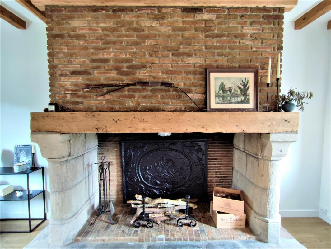 Stone fireplace and wood stove detail